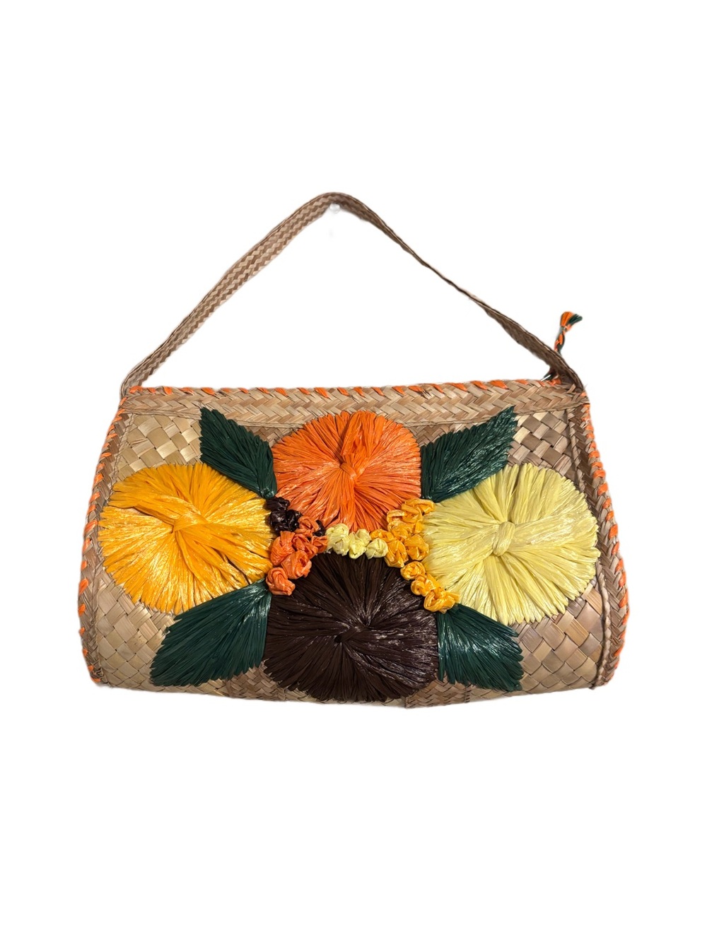 Vintage 1960s Rattan Purse Raffia Floral Motif-Hawaiian-Tropical 12” x 9” - Picture 1 of 8